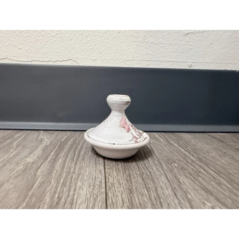 Vintage Small Clay Tagine White W/ Pink Flowers Handmade & Signed BROKEN - READ
